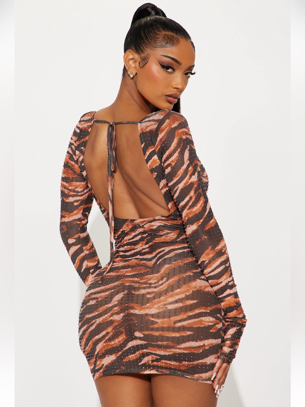 Rhinestone Tiger Print Mesh Dress
